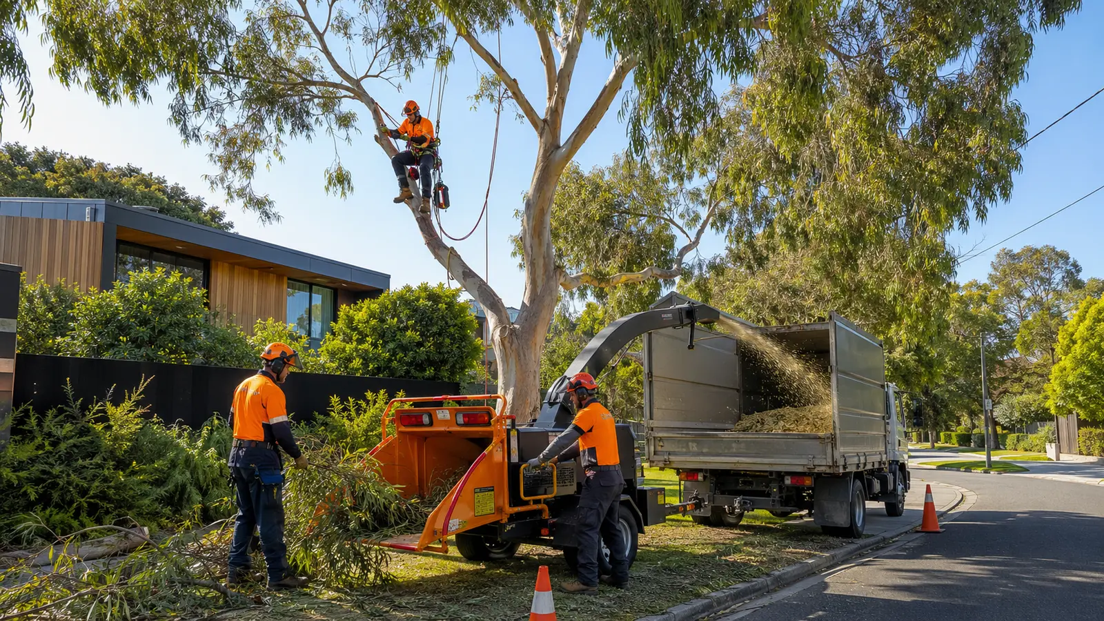 Tree-service crew pruning and processing branches